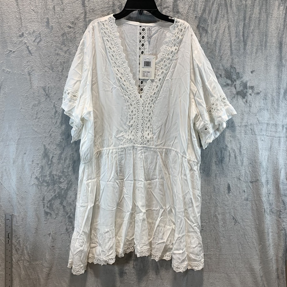 Raviya Women's Swimsuit Cover Up 2X Plus White Lace Inset Crochet Mini Dress